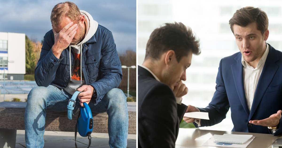 (L) A sad man holding a dog collar. (R) A boss shouting at his employee. (Representative Cover Image Source: Getty Images | (L) Solovyova, (R) fizkes)