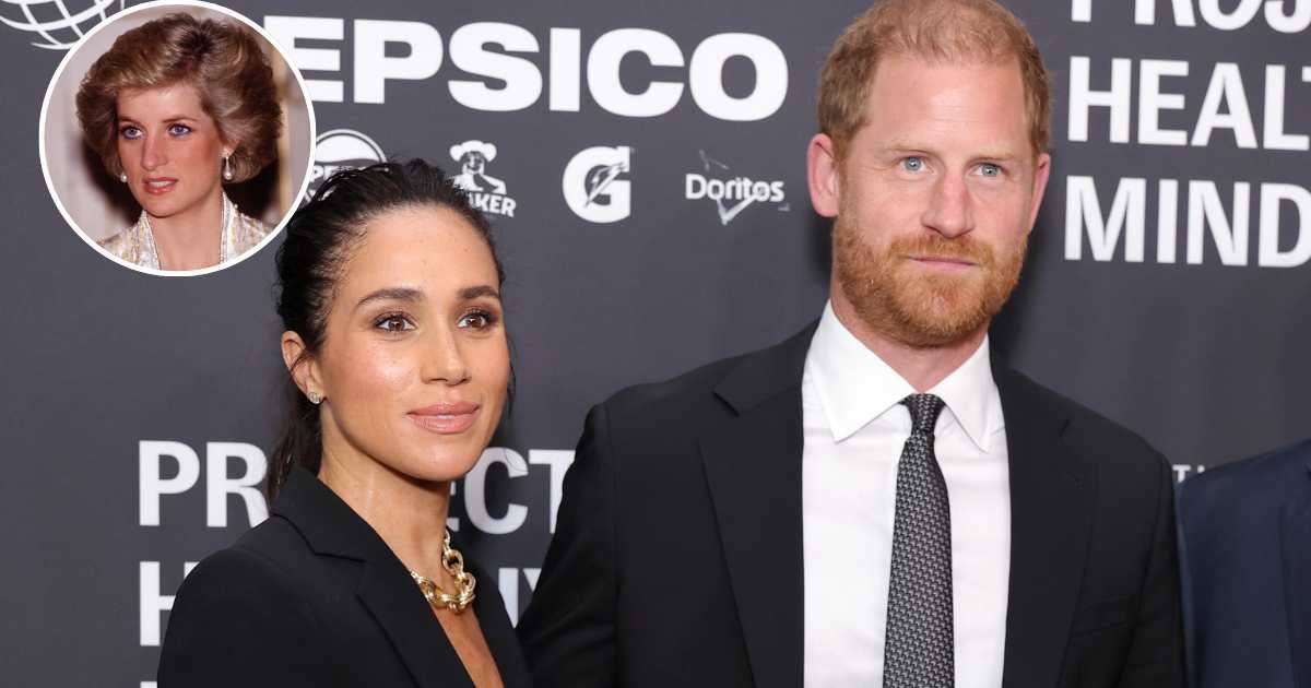 Meghan, Duchess of Sussex, and Prince Harry, Duke of Sussex, attend the Project Healthy Minds; (Inset) Diana, Princess of Wales, at a dinner given by President Mitterand. Cover Image Source: Getty Images | Michael Loccisano; (Inset) David Levenson