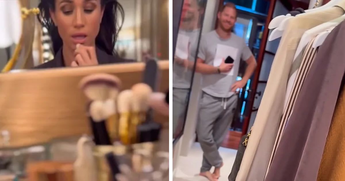 (L) Meghan Markle applies makeup in her vanity room; (R) Prince Harry stands barefoot in sweats. Cover Image Source: (L&R) Instagram| @meghan