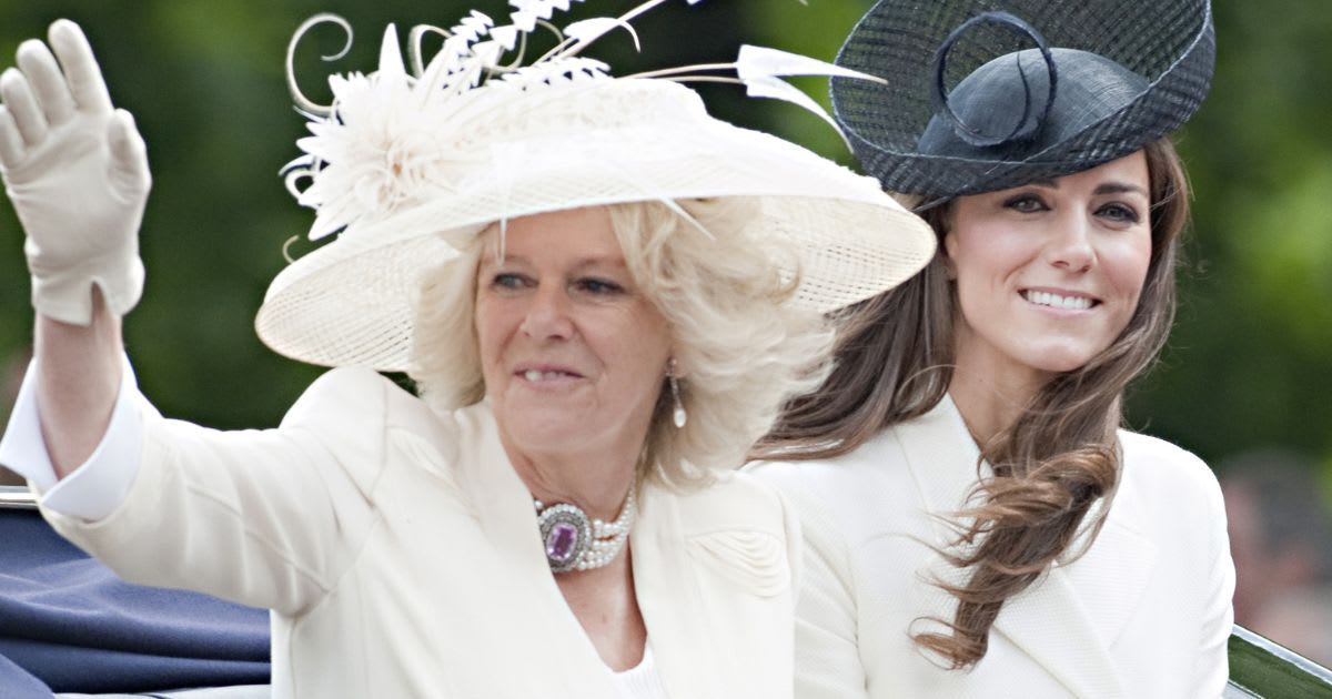 Queen Camilla and Princess Catherine travel down The Mall in a horse-drawn carriage as they attend the Trooping the Color parade. (Cover Image Source: Getty Images | Antony Jones/UK Press )