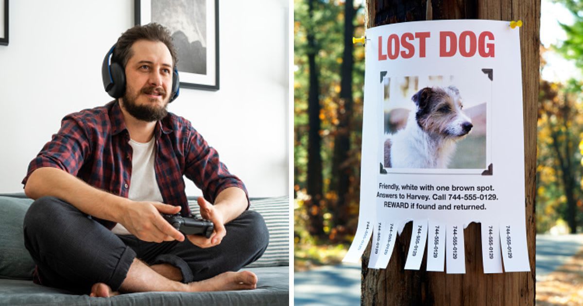 (L) Man sitting on couch and playing video game, (R) Lost Dog Poster. (Representative Cover Image Source: Getty Images | (L) Westend61, (R) Jeffrey Coolidge)