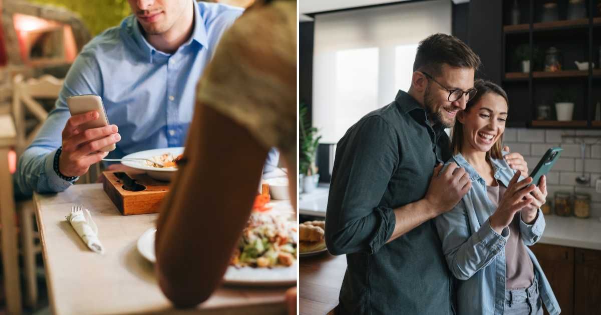 (L) A man checking his phone during dinner date. (R) A couple smiling looking at a phone. (Representative Cover Image Source: Getty Images | (L) Westend61, (R) RealPeopleGroup)