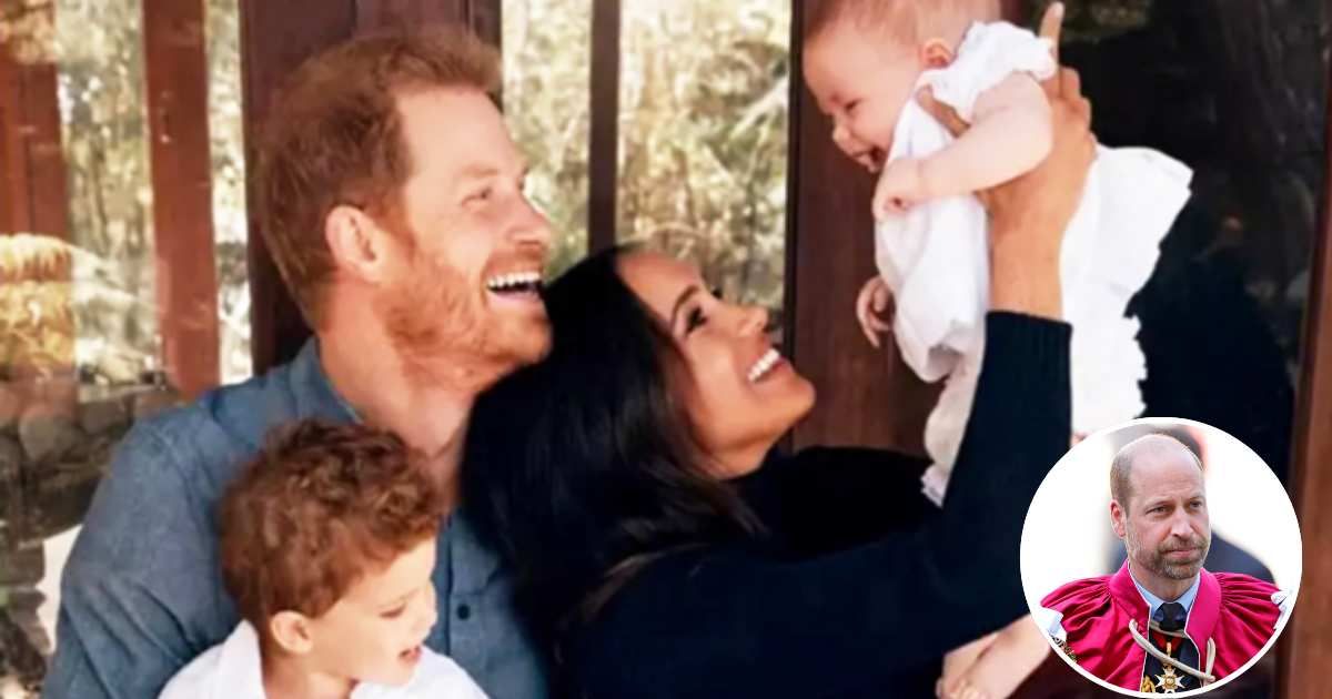 A family portrait of Prince Harry, along with Meghan Markle, Prince Archie, and Princess Lillibet; (Inset) Prince William, Prince of Wales, attends a service. Cover Image Source: Archewell Foundation; (Inset) Getty Images | Max Mumby