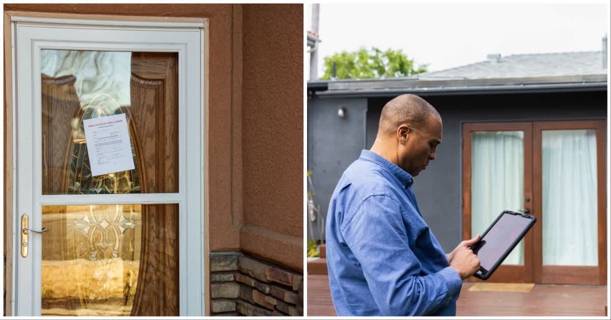 (L ) A notice taped on a door ; (R) A property manager standing in front  of a house (Representative Cover Source: Getty Images | Photo by (L) grandriver ; (R) The Good Brigade)