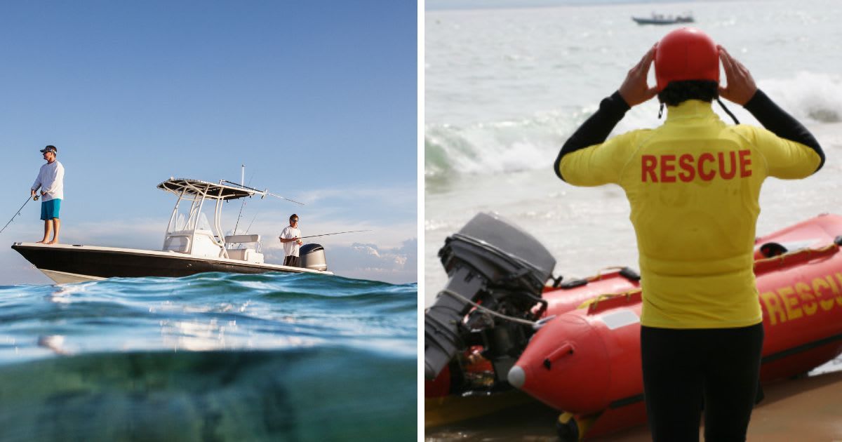 (L) Two men fishing while standing on boat, (R) A Beach Rescue. (Representative Cover Image Source: Getty Images | (L)Cavan Images, (R) Nicholas Free)