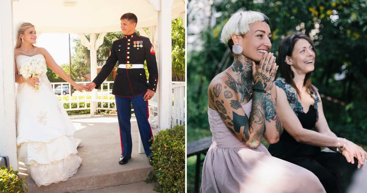 (L) A military couple on their wedding day. (R) Emotional wedding guests. (Representative Cover Image Source: Getty Images | (L) Camille Tokerud, (R) Hinterhaus Productions)
