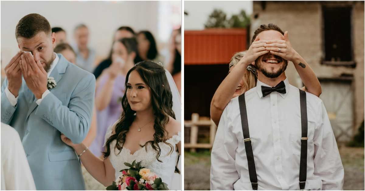 (L) Emotional Wedding Ceremony with Bride and Groom. (R) Woman Covering Man's Eyes. (Representative Cover Image Source: Getty Images | (L) Alexander Mass, (R) Emma Bauso)