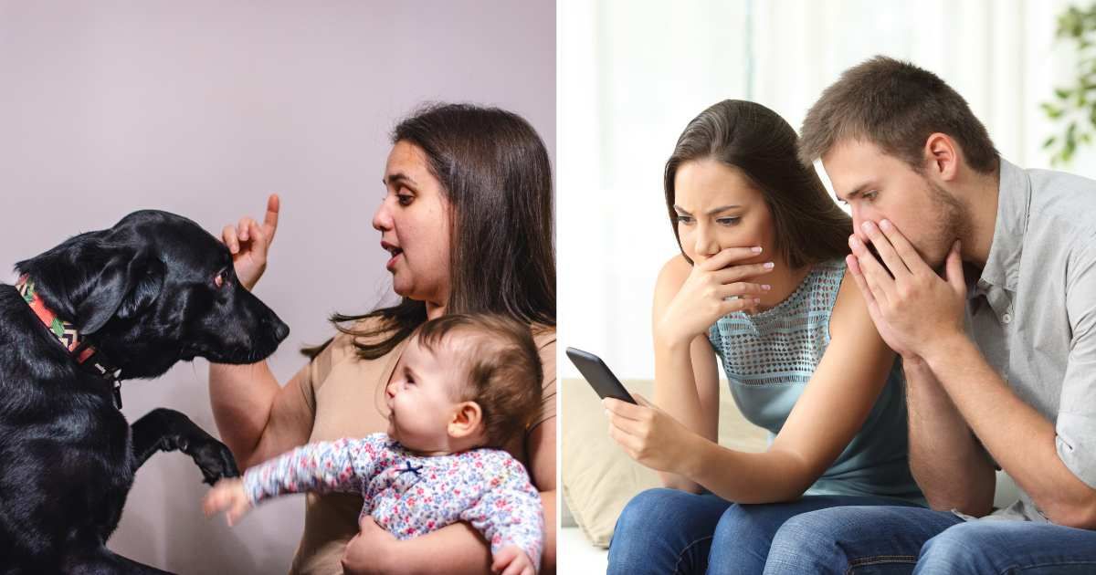 (L) A mother with her baby in hand and her pet dog. (R) A couple shocked looking at their phone. (Representative Cover Image Source: Getty Images | (L) Gabriel Mello, (R) Antonio Guillem)
