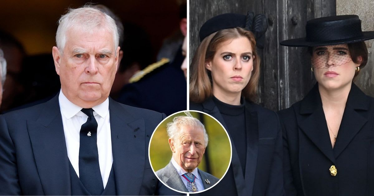 (L) Andrew Mountbatten Windsor at a royal funeral; (R) Beatrice and Eugenie at Queen Elizabeth's funeral; (Inset) Charles at an Army memorial. Cover Image Source: Getty Images | (L) Max Mumby; (R) Justin Goff Photos; (Inset) Samir Hussein/WireImage