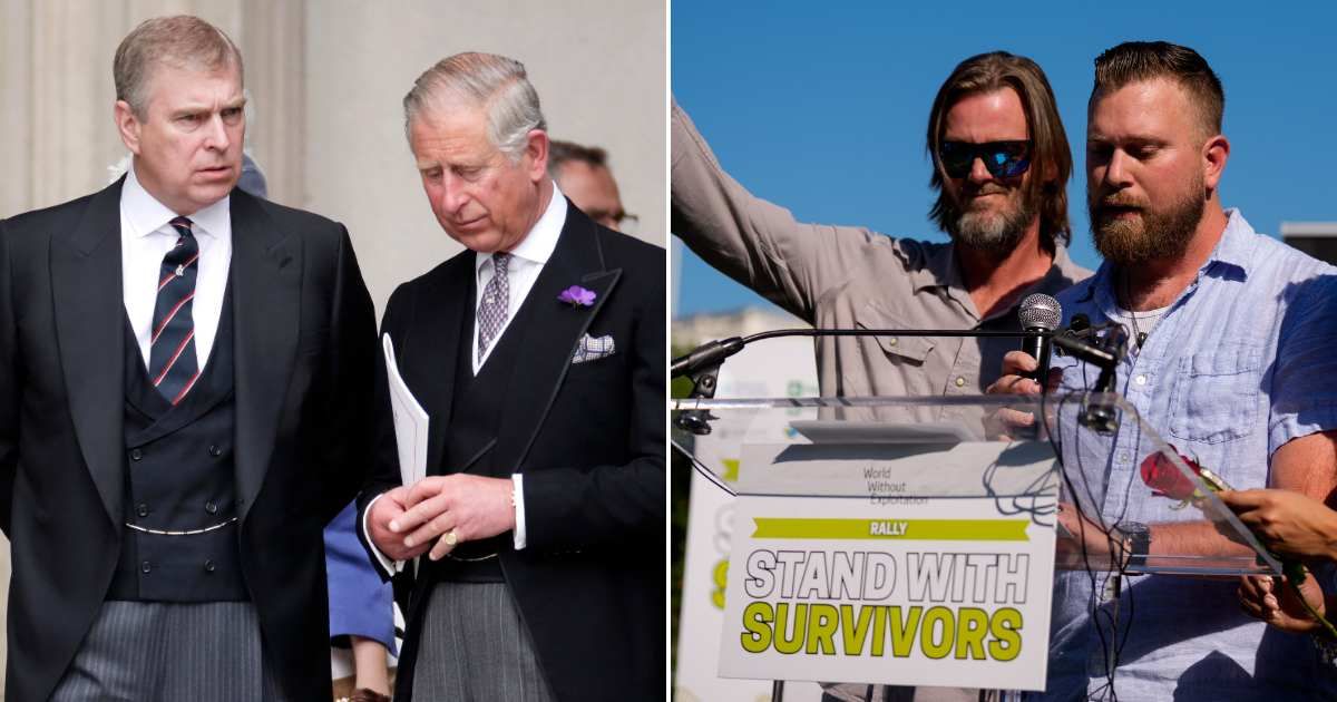 (L) King Charles and Andrew Mountbatten-Windsor attend a Service of Thanksgiving; (R) Family members of Virginia Giuffre speak during a rally. (Cover Image Source: Getty Images | (L) Max Mumby/Indigo; (R) Andrew Harnik)