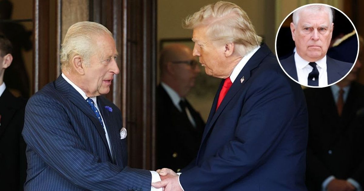 King Charles and Donald Trump say their farewells during the state visit; (Inset) Andrew Mountbatten Windsor at the Duchess of Kent's funeral. Cover Image Source: Getty Images | Chris Jackson; (Inset)  Max Mumby/Indigo