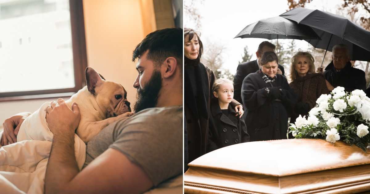 (L) A man with his pet dog. (R) People grieving at a funeral. (Representative Cover Image Source: Getty Images | (L) NoSystem Images, (R) RubberBall Productions)