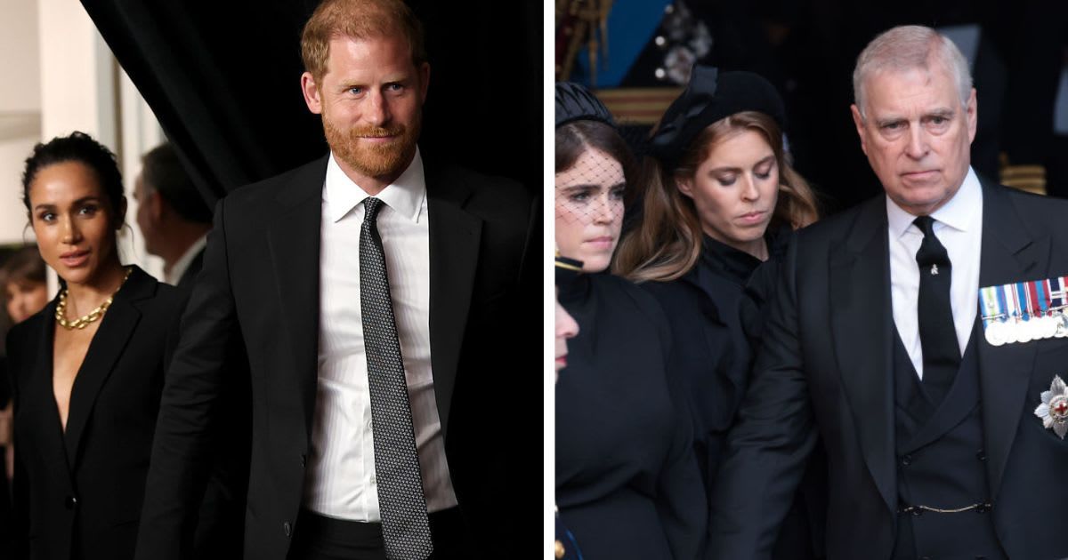 (L) Prince Harry and Meghan Markle attend a 3rd Annual Gala; (R) Princesses Beatrice and Eugenie and Andrew Mountbatten Windsor at Westminster Hall. Cover Image Source: Getty Images | (L) Michael Loccisano; (R) Marko Djurica - Pool