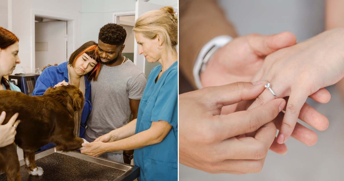 (L) A sad couple looking at their dog at vet clinic. (R) A man putting on wedding ring on a woman's finger. (Representative Cover Image Source: Getty Images | (L) Maskot, (R) Jikaboom)