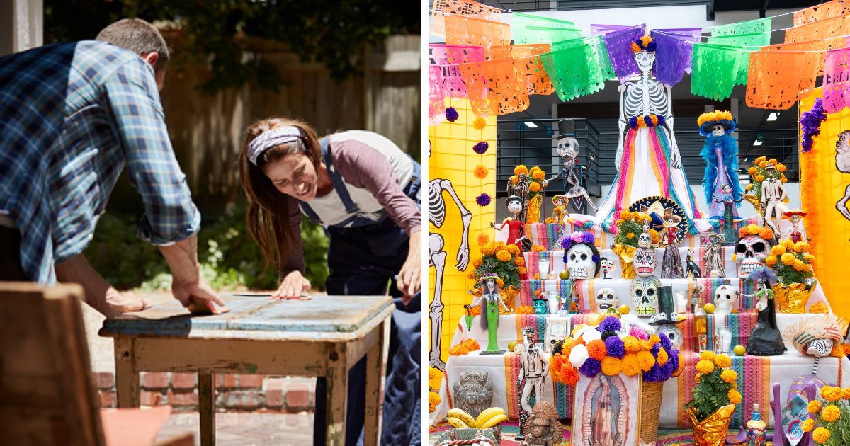 (L) Couple polishing furniture outside house, (R) An Ofrenda, a colorful display of skeletons and flowers with a festive atmosphere. (Representative Cover Image Source: Getty Images | (L)Morsa Images, (R) Alejandro Morales Lozano)
