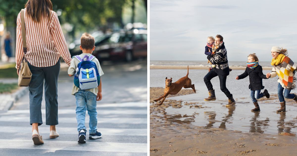 (L) NMom Walking Son to Elementary School, (R) Parents with son, daughter and dog running on beach. (Representative Cover Image Source: Getty Images | (L)miniseries, (R) Frank van Delft)