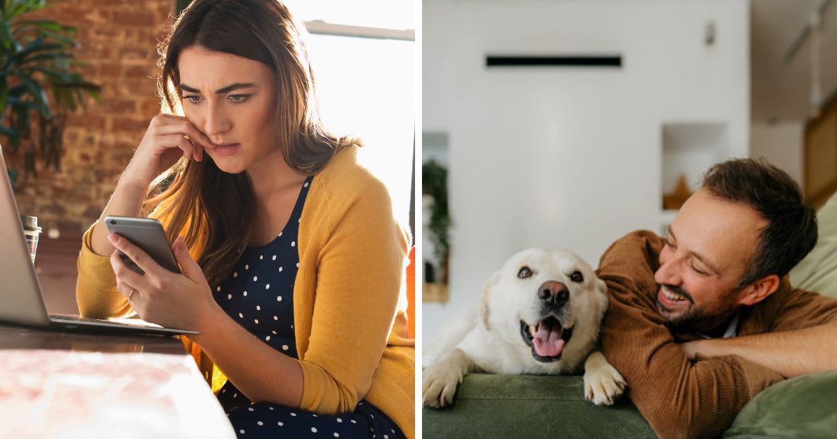 (L) A woman using cell phone, (R) A man cuddling with his dog. (Representative Cover Image Source: Getty Images | (L) Jose Luis Pelaez, (R) IncAleksandarNakic)
