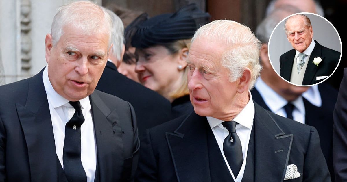 King Charles and Andrew Mountbatten Windsor at the Duchess of Kent's funeral; (Inset) Prince Philip attends the wedding of Princess Eugenie of York. Cover Image Source: Getty Images | Max Mumby/Indigo; (Inset) Alastair Grant - WPA Pool