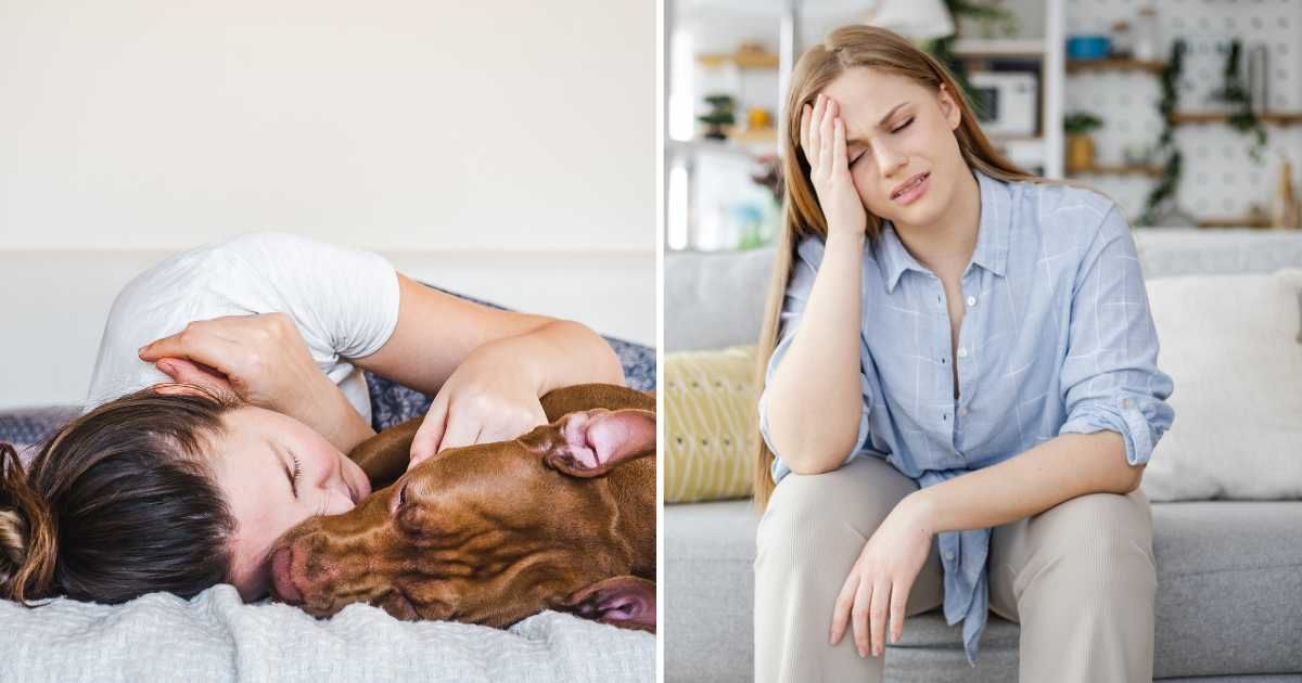 (L) A woman sleeping next to her pet dog. (R) A woman holding her head due to migraine. (Representative Cover Image Source: Getty Images | (L) Sviatlana Barchan, (R) Riska)
