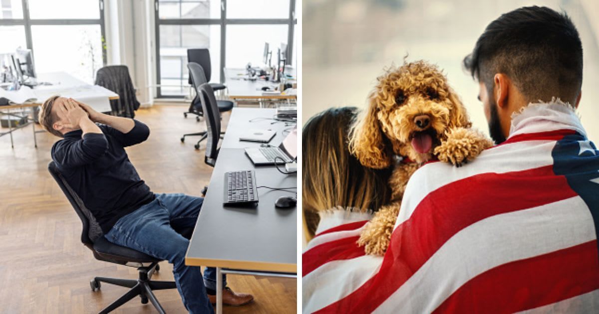 (L) Frustrated man sits at his desk, (R) A couple with dog wrapped in American flag. (Representative Cover Image Source: Getty Images | (L) Luis Alvarez, (R) Aja Koska)