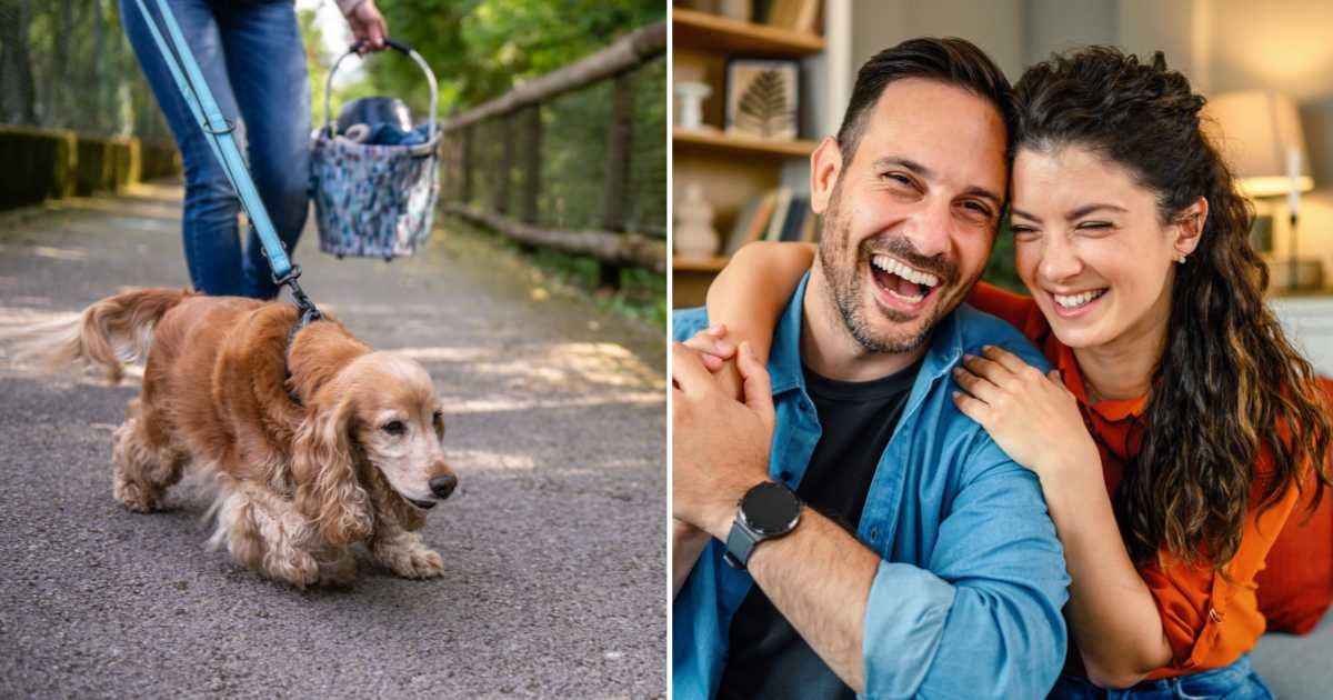 (L) A dog tugging its leash. (R) A couple laughing. (Representative Cover Image Source: Getty Images | (L) Alena Paulus, (R) bluecinema)