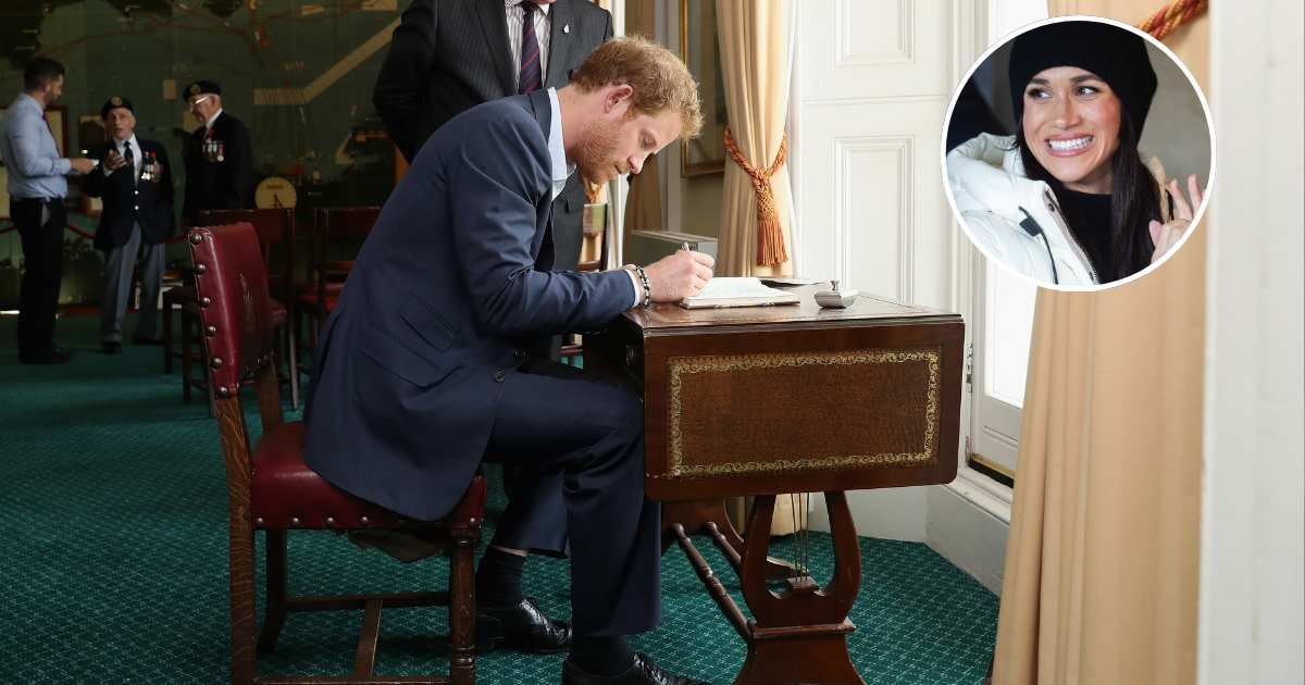 Prince Harry signs the visitors book as he attends a reception for Normandy Veterans; (Inset) Meghan, Duchess of Sussex attends the Whistler Welcoming Ceremony. (Cover Image Source: Getty Images | Chris Jackson; (Inset) Samir Hussein)