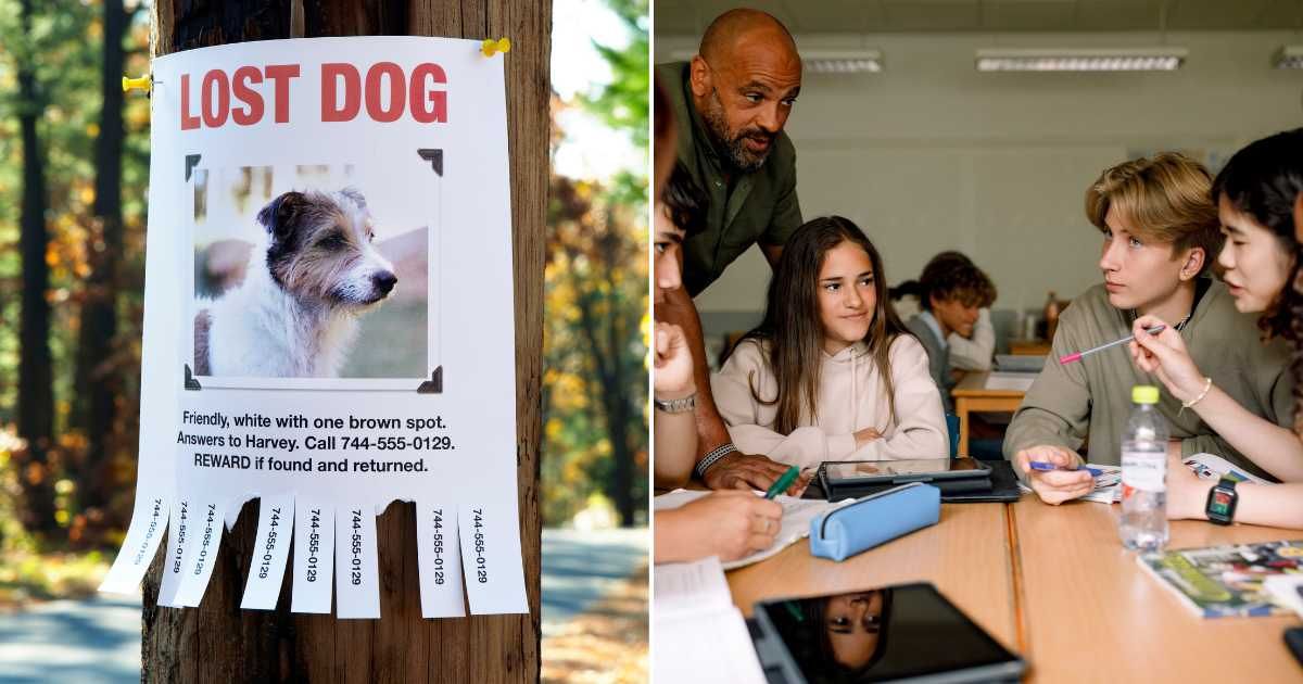 (L) A missing dog poster. (R) School children having a discussion. (Representative Cover Image Source: Getty Images | (L) Jeffrey Coolidge, (R) Maskot)