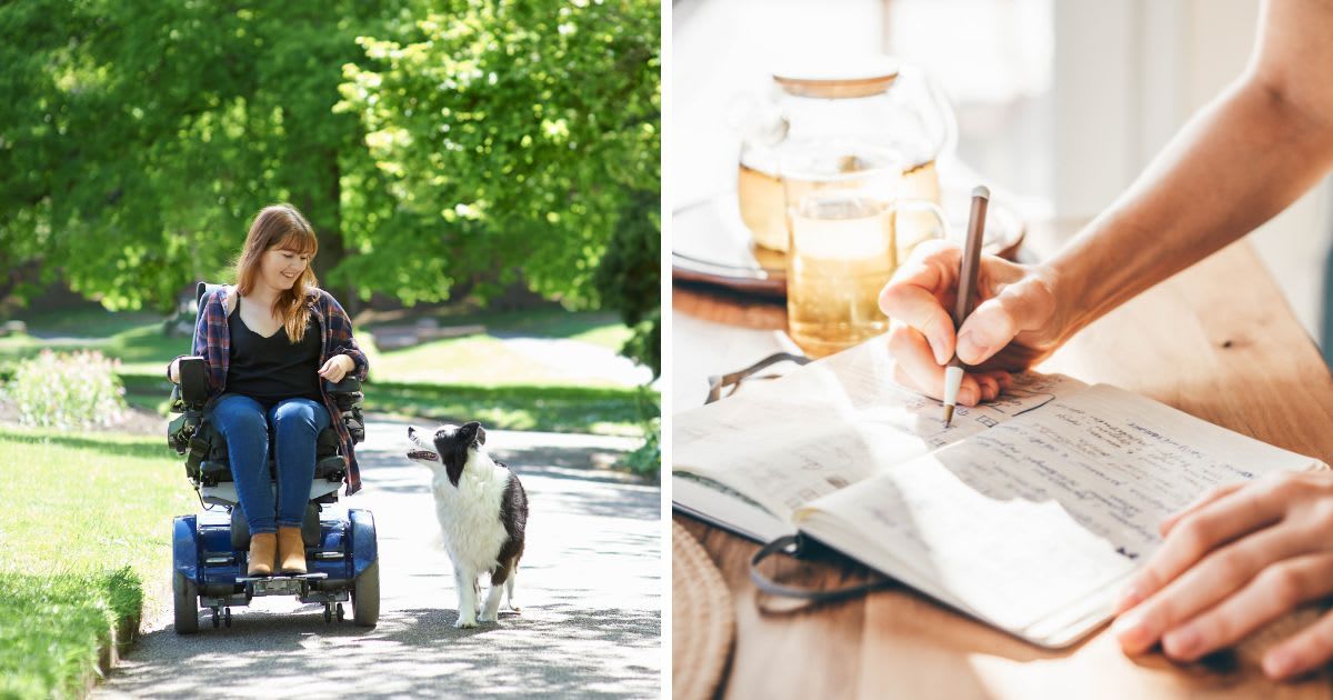 (L) A woman in wheelchair walking dog in park, (R) Woman writes in a notebook. (Representative Cover Image Source: Getty Images | (L) Dougal Waters, (R) Maria Korneeva)