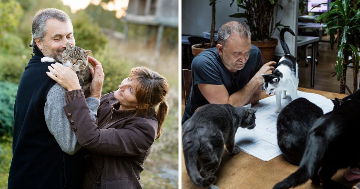 (L) A couple embracing cat outdoors, (R) Man surrounded by cats. (Representative Cover Image Source: Getty Images | (L)Jenny Gaulitz, (R) Nisian Hughes)