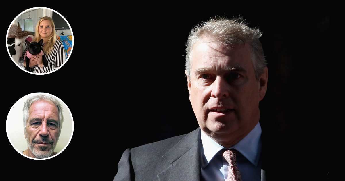 Andrew Mountbatten Windsor leaves the headquarters of Crossrail; (Inset T) Virginia Giuffre with her dog; (Inset B) Mug shot of Jeffrey Epstein. Cover Image Source: Getty Images | Dan Kitwood; (Inset T) Instagram | @virginiarobertsrising11; (Inset B) Kypr