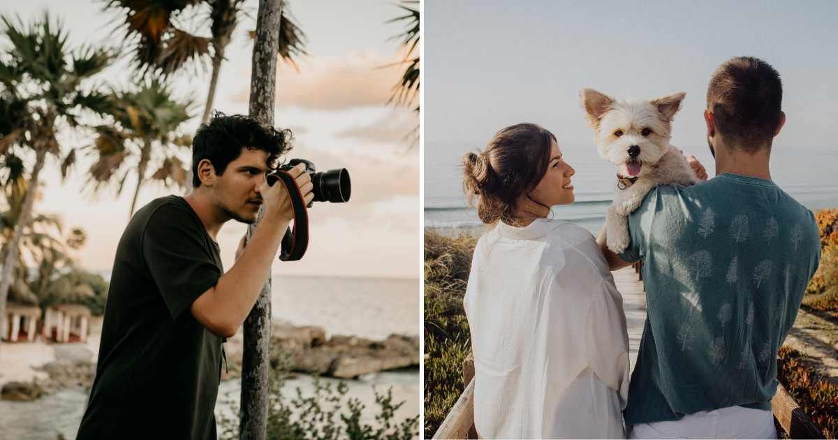 (L) A photographer clicking pictures on the beach. (R) A couple with dog on beach. (Representative Cover Image Source: Getty Images | (L) Westend61, (R) Akemy Mory)