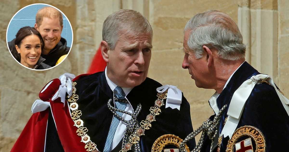 King Charles and Andrew Mountbatten-Windsor attend the Order of the Garter Service; (Inset) Meghan Markle and Prince Harry pose for a picture as they attend the Wheelchair Curling. (Cover Image Source: Getty Images | Peter Nicholls - WPA Pool; (Inset)  Sa