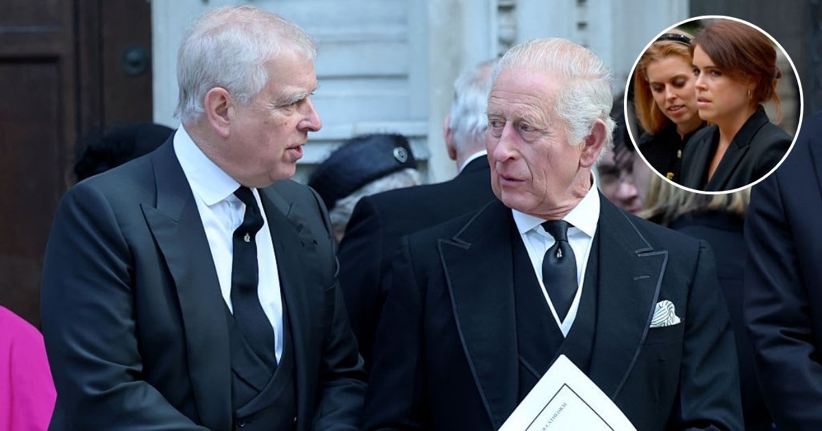 Andrew Mountbatten-Windsor and King Charles at the Duchess of Kent's funeral;  (Inset) Princess Beatrice and Princess Eugenie meet well-wishers outside Crathie Kirk. Cover Image Source: Getty Images| Chris Jackson; (Inset) Jeff J Mitchell