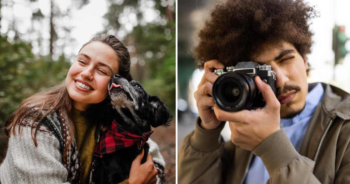 (L) A woman smiling with her senior dog. (R) A male photographer. (Representative Cover Image Source: Getty Images | (L) Halfpoint images, (R) alvarez)