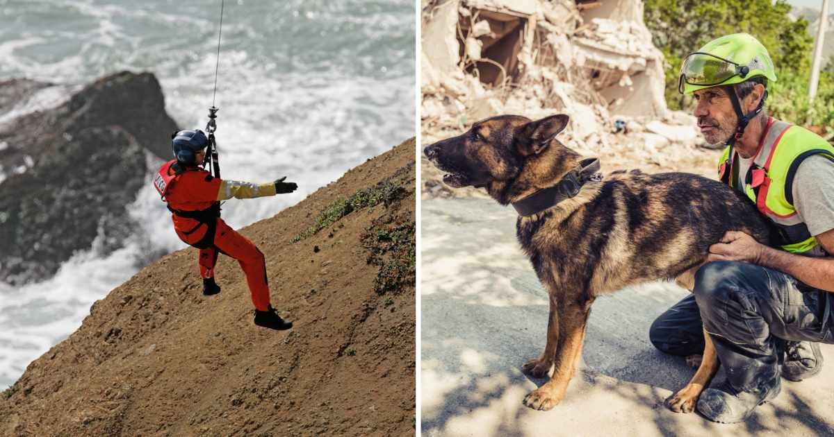 (L) A coastguard rescuing someone. (R) A rescue search member with a dog. (Representative Cover Image Source: Getty Images | (L) Dan Cardiff, (R) egon69)