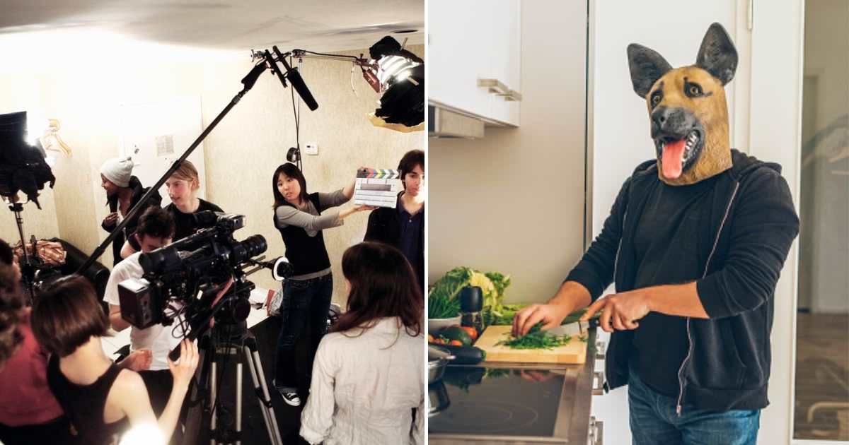 (L) Film Crew, (R) Man wearing dog mask cooking in the kitchen. (Representative Cover Image Source: Getty Images | (L) bjones27, (R) Xsandra)