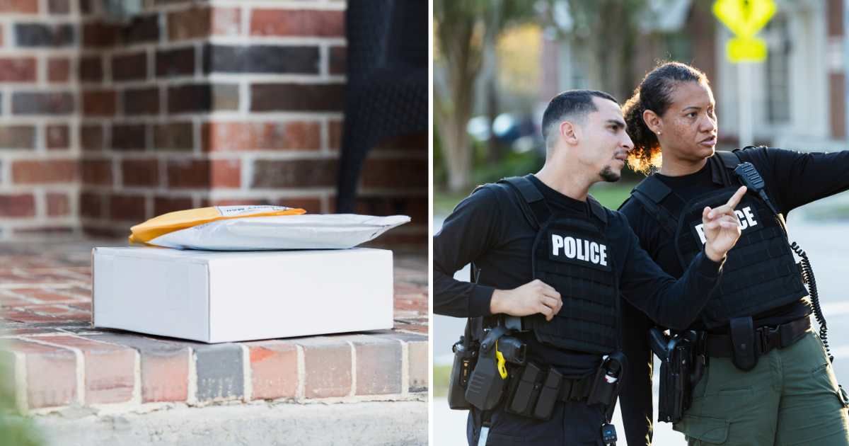 (L) Packages left on porch. (R) Two police officers. (Representative Cover Image Source: Getty Images | (L) SDI Productions, (R) kali9)