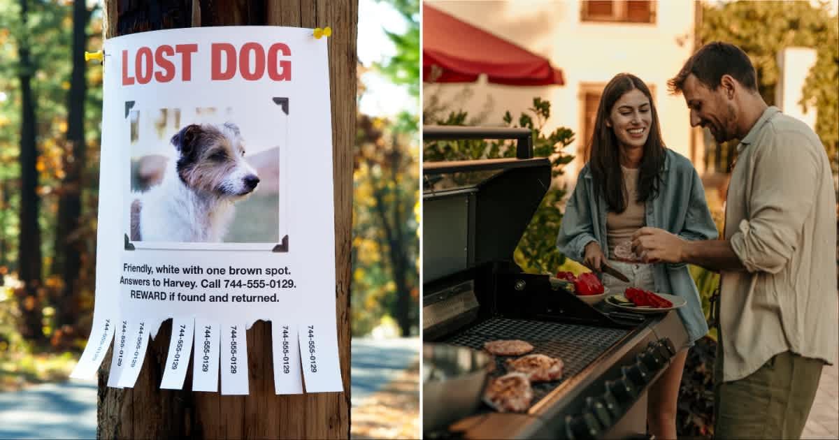 (L ) A missing dog poster ; (R) Man seasoning meat while the woman arranges veggies on the grill at an outdoor BBQ. (Representative Cover Source: Getty Images | Photo by (L) Jeffrey Coolidge ; (R) Studio4)