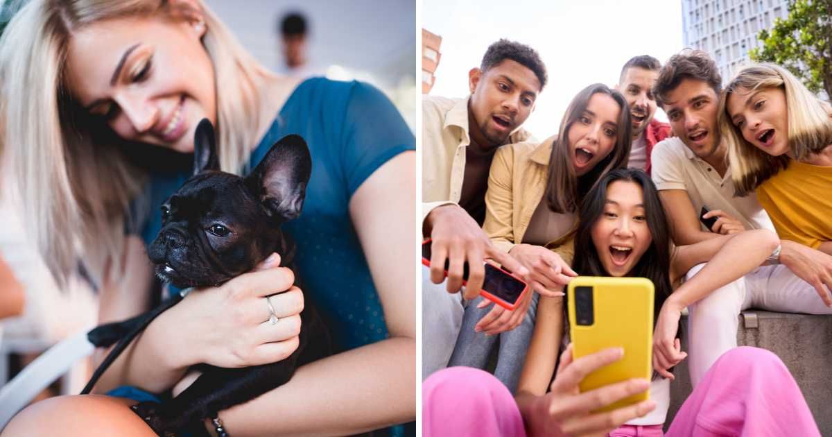 (L) A woman hugging her French bulldog pup. (R) A group of people looking at a phone. (Representative Cover Image Source: Getty Images | (L) DuxX, (R) Carlos barquero perez)