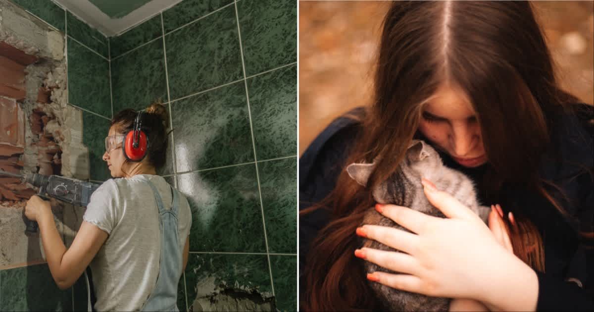(L ) Woman renovating her bathroom tiles ; (R) A woman embracing her cat (Representative Cover Source: Getty Images | Photo by (L) AleksandarNakic ; (R) Dmytro Betsenko)