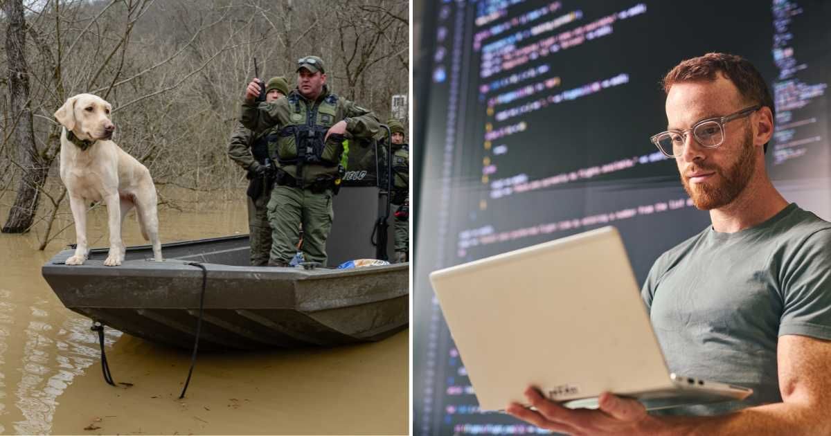 (L) A dog on rescue boat during floods. (R) A software developer using laptop. (Representative Cover Image Source: Getty Images | (L) Jon Cherry, (R) pixdeluxe)