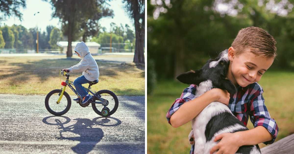 (L) A young boy cycling. (R) A young boy hugging a puppy. (Representative Cover Image Source: Getty Images | (L) Paco Navarro, (R) wundervisuals)