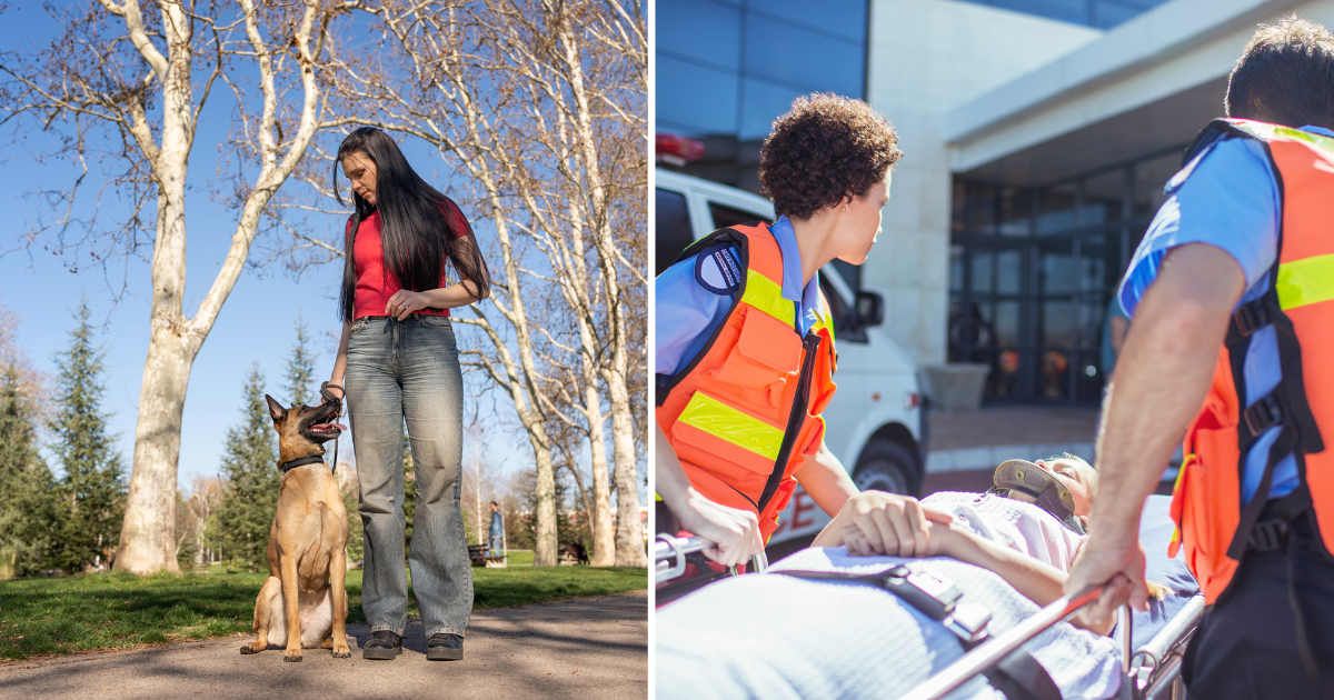 (L) A woman with her pet dog. (R) Paramedics taking a patient. (Representative Cover Image Source: Getty Images | (L) Timbicus, (R) Caia image)
