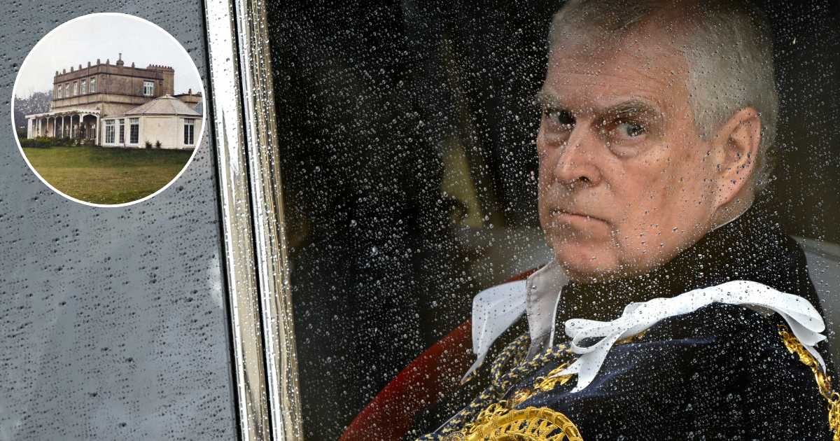 Andrew Mountbatten-Windsor leaves Westminster Abbey following the coronation ceremony of King Charles III; (Inset) Royal Lodge. (Cover Image Source: Getty Images | Toby Melville - WPA Pool; (Inset) The Print Collector/Heritage Images)
