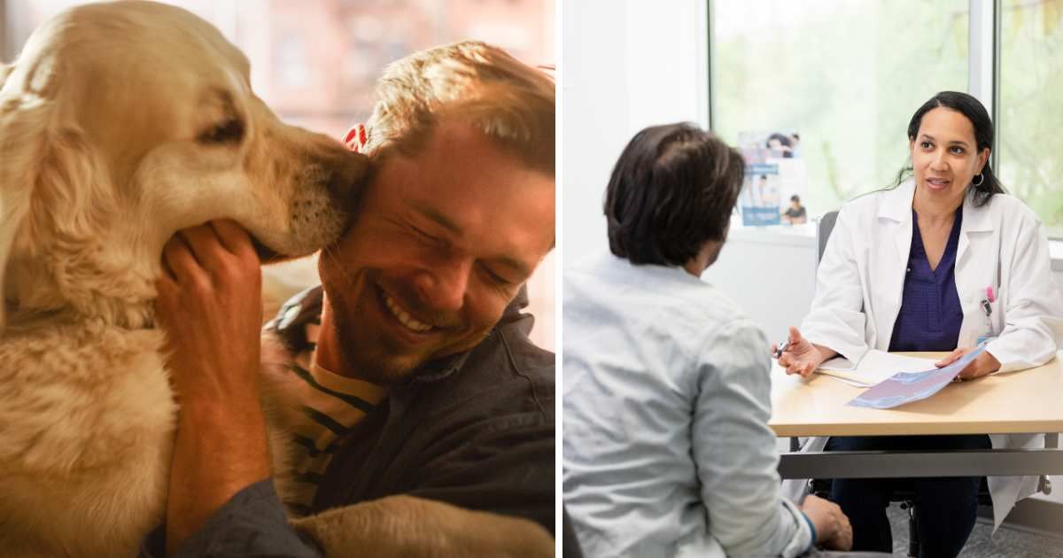 (L) A dog licking owner's face. (R) A doctor with patient. (Representative Cover Image Source: Getty Images | (L) gorodenkoff, (R) SDI Productions)