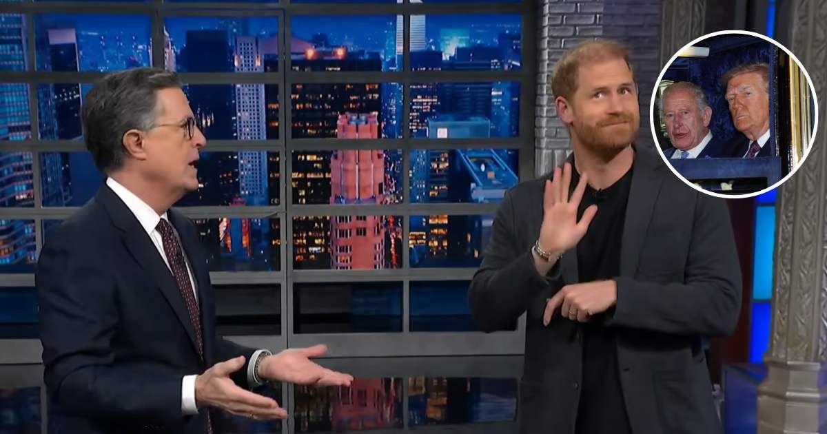 Prince Harry, Duke of Sussex, on 'The Late  Show With Stephen Colbert'; (Inset) King Charles and President Donald Trump sit in a carriage. Cover Image Source: Youtube | 'The Late  Show With Stephen Colbert'; (Inset) Getty Images | Toby Melville