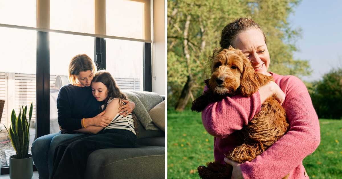 (L) Mom consoling sad daughter. (R) A woman hugging her dog. (Representative Cover Image Source: Getty Images | (L) Justin Paget, (R) Gary Yeowell)