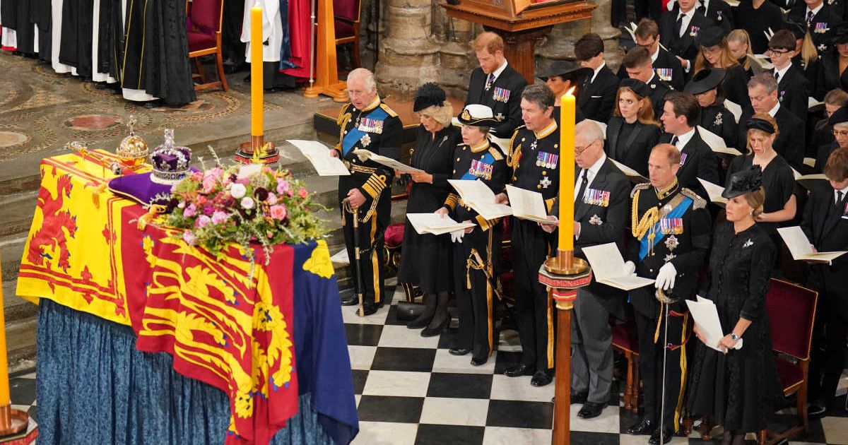 The royal family in front of the coffin of Queen Elizabeth II during her State Funeral, held at Westminster Abbey (Cover Image Source: Getty Images | Dominic Lipinski)