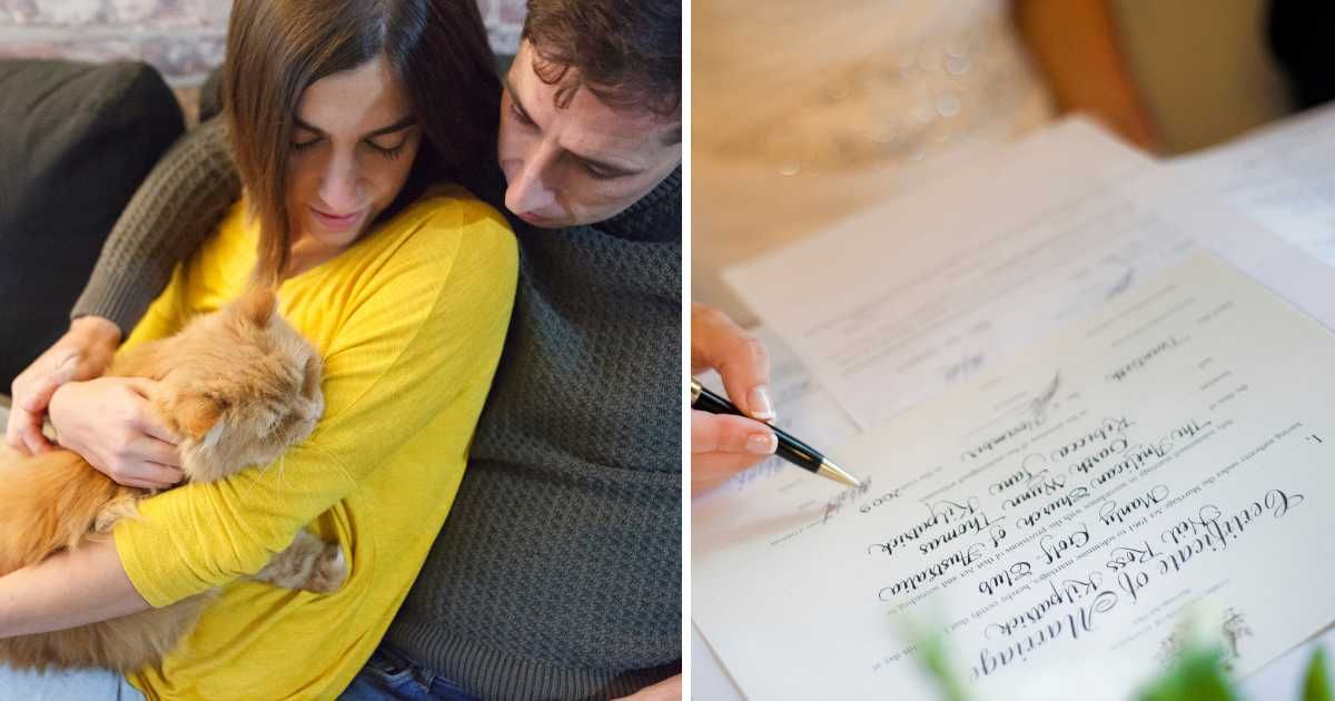(L) A couple with their pet cat. (R) Marriage certificate. (Representative Cover Image Source: Getty Images | (L) beavera, (R) Nerida McMurray Photography)