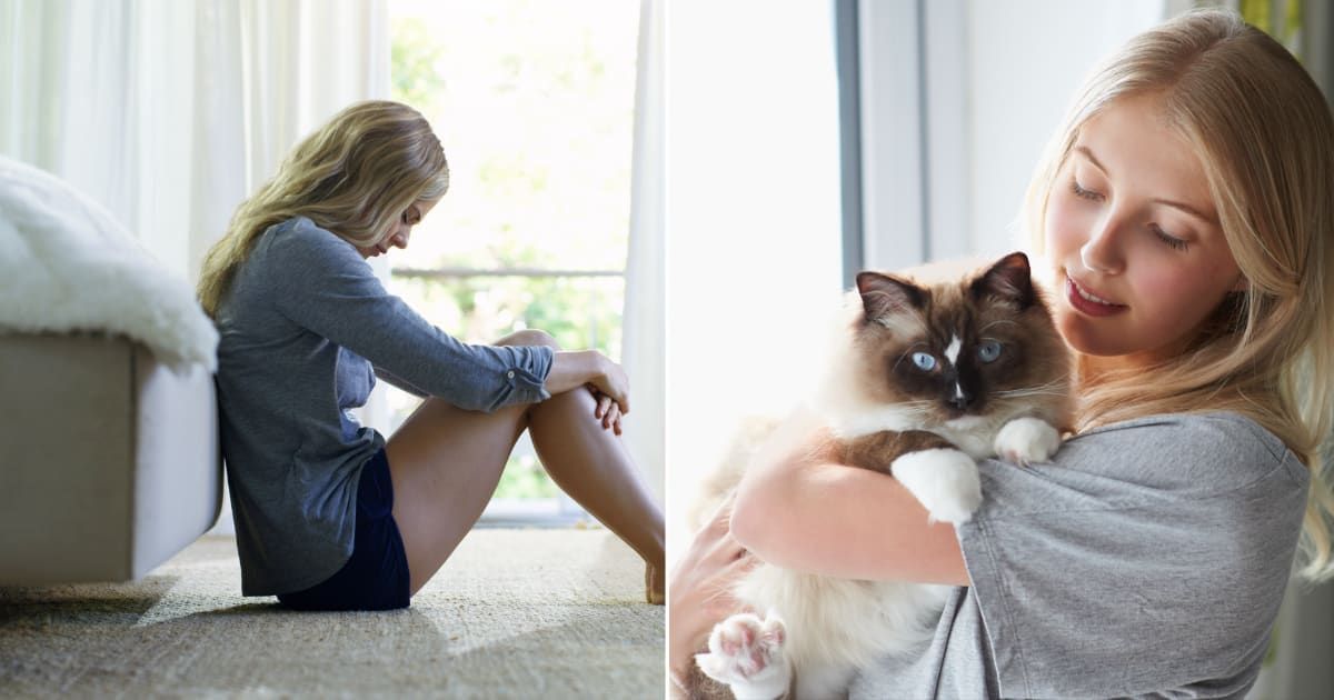 (L) A sad woman sitting on floor. (R) Woman lovingly holds her cat. (Representative Cover Image Source: Getty Images | (L) Sean Anthony Eddy, (R) Dougal Waters)